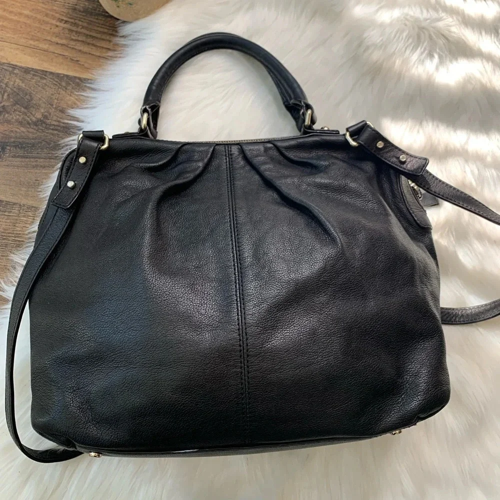 Kate Spade New York Matte Black Leather Bag Crossbody Zip Top Tote Handle Pleat
